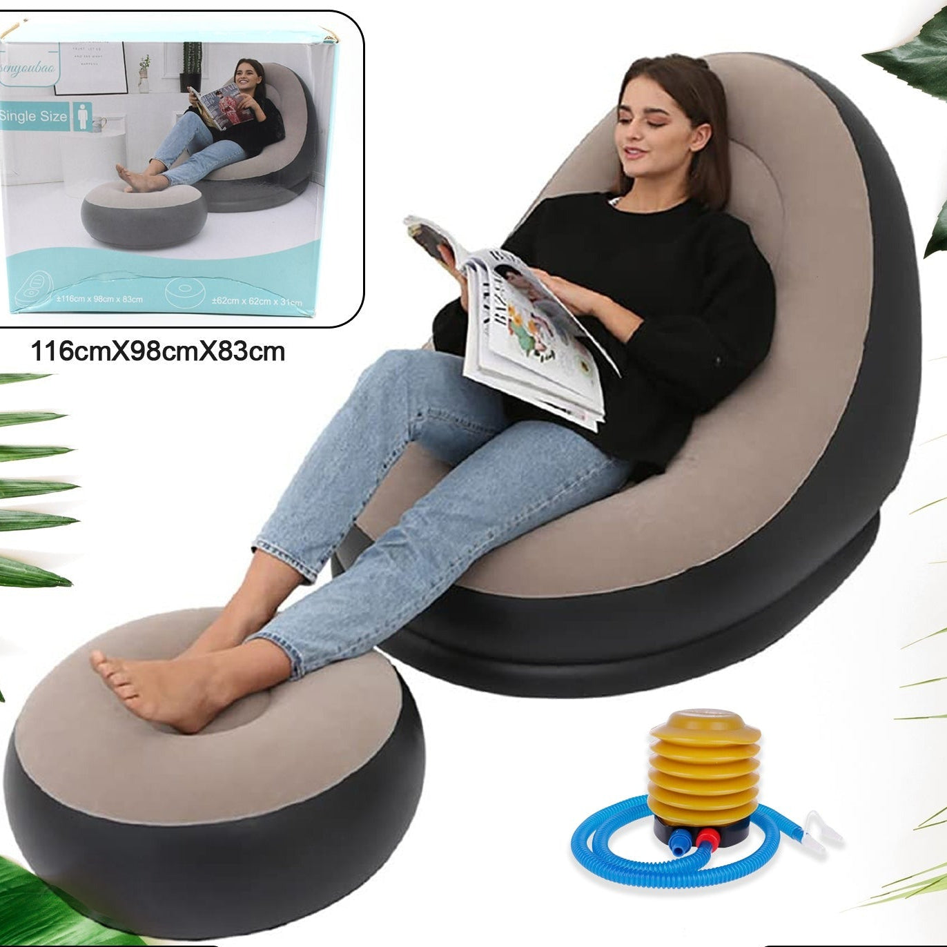 8062 Inflatable Sofa Lounge Chair Ottoman Blow Up Chaise Lounge Air Sofa Indoor Flocking Leisure Couch For Home Office Rest Inflated Recliners Portable Deck Chair For Outdoor Travel Camping Picnic.