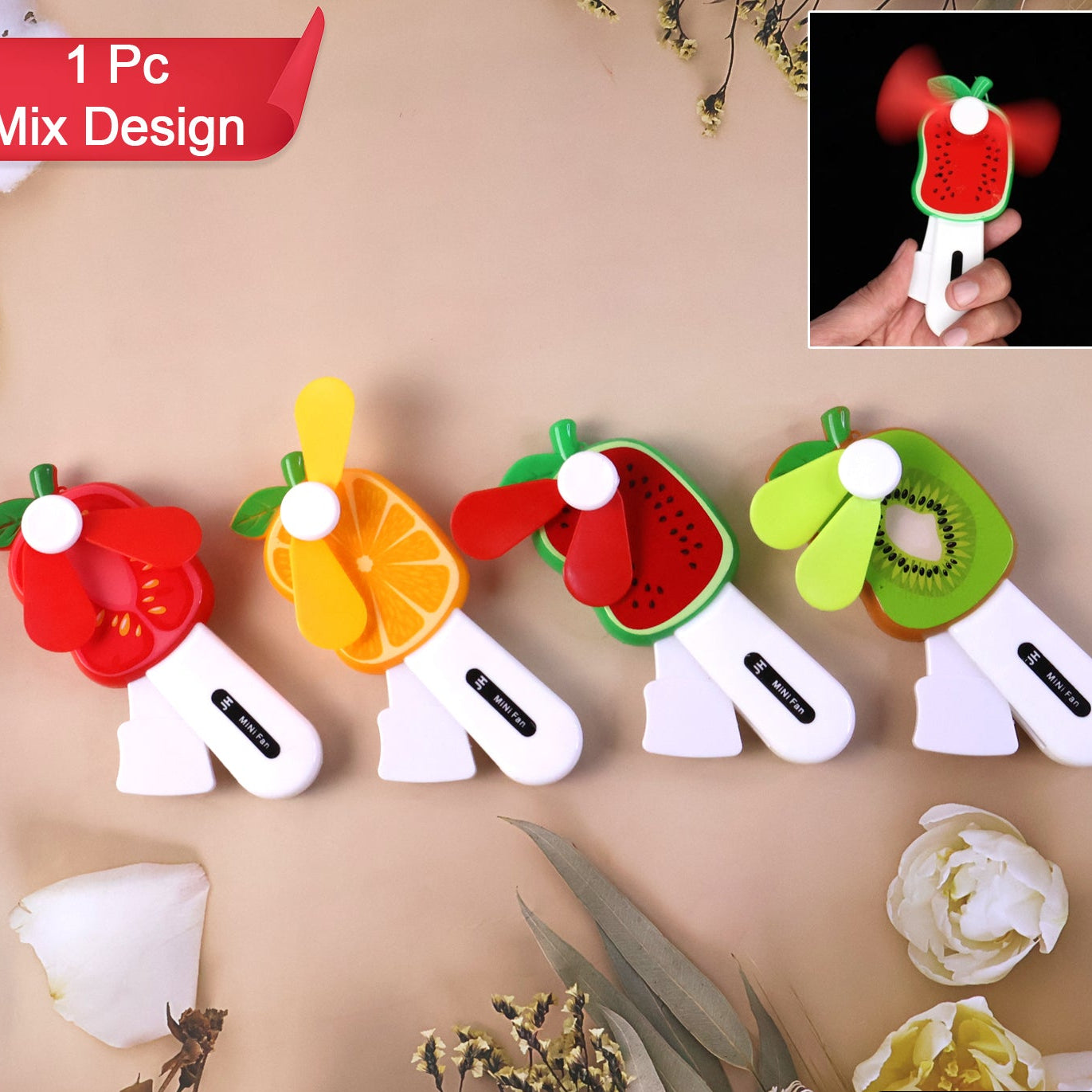 Mini Hand Pressure Fruit-shaped Fan For Kids (1 Pc  Mix Design)