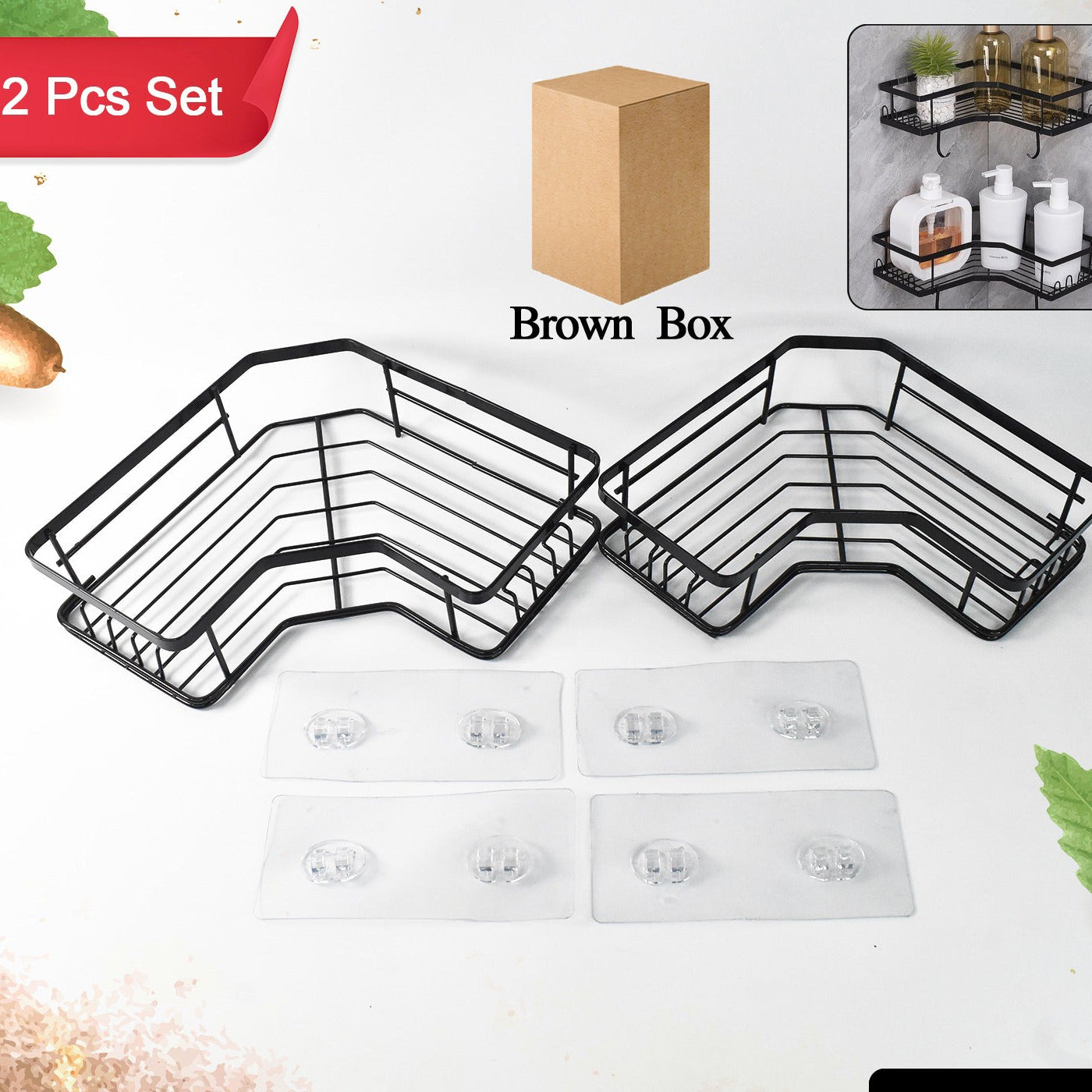 Iron Coating Self-adhesive Corner Shelf Organizer (2 Pc)