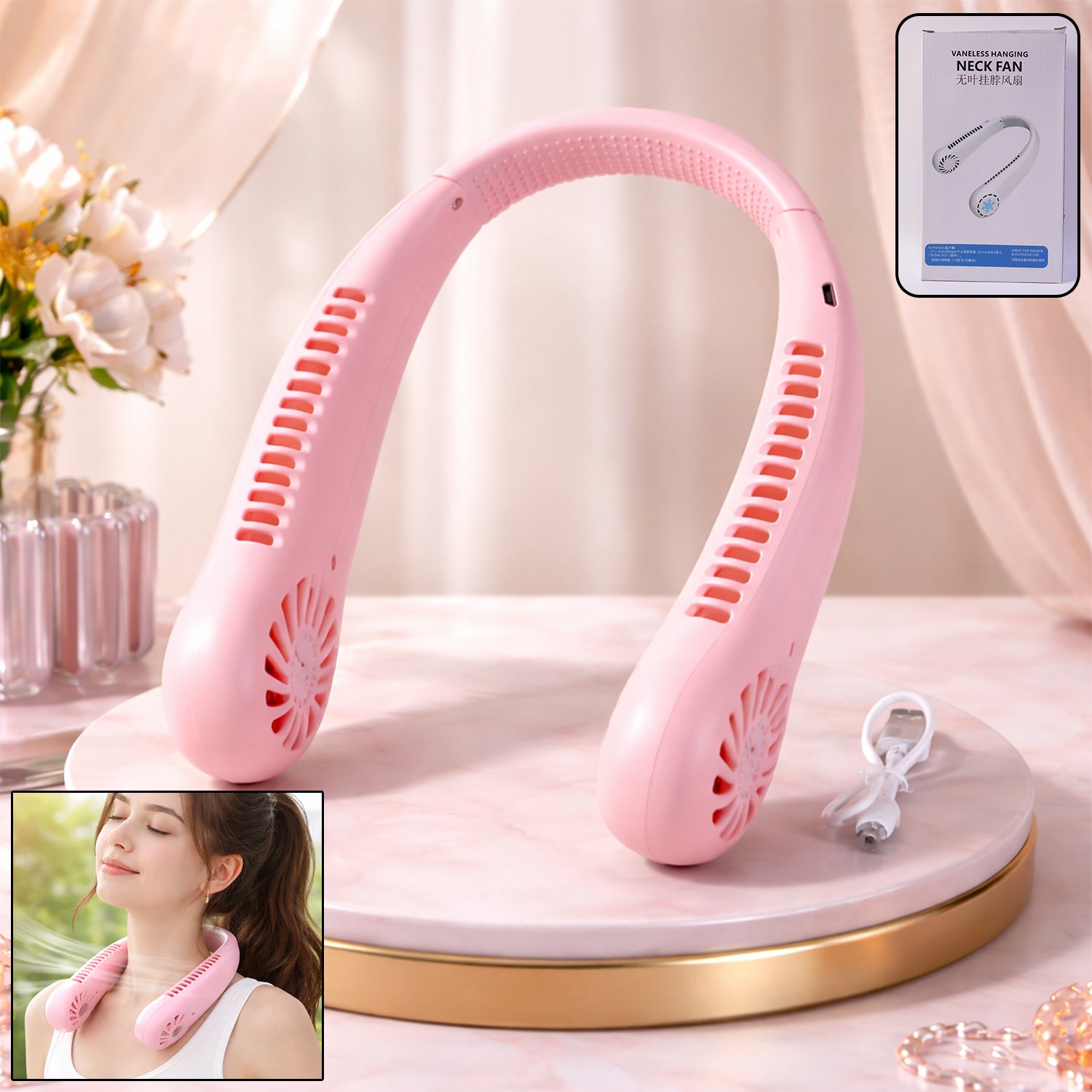 Portable Rechargeable Neck Fan (1 Pc Pink Color)