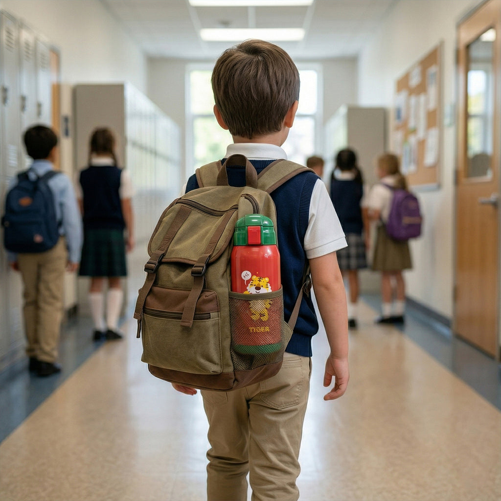 550 Ml Kids Cartoon Printed Water Bottle With Straw And Carry Sling Bag