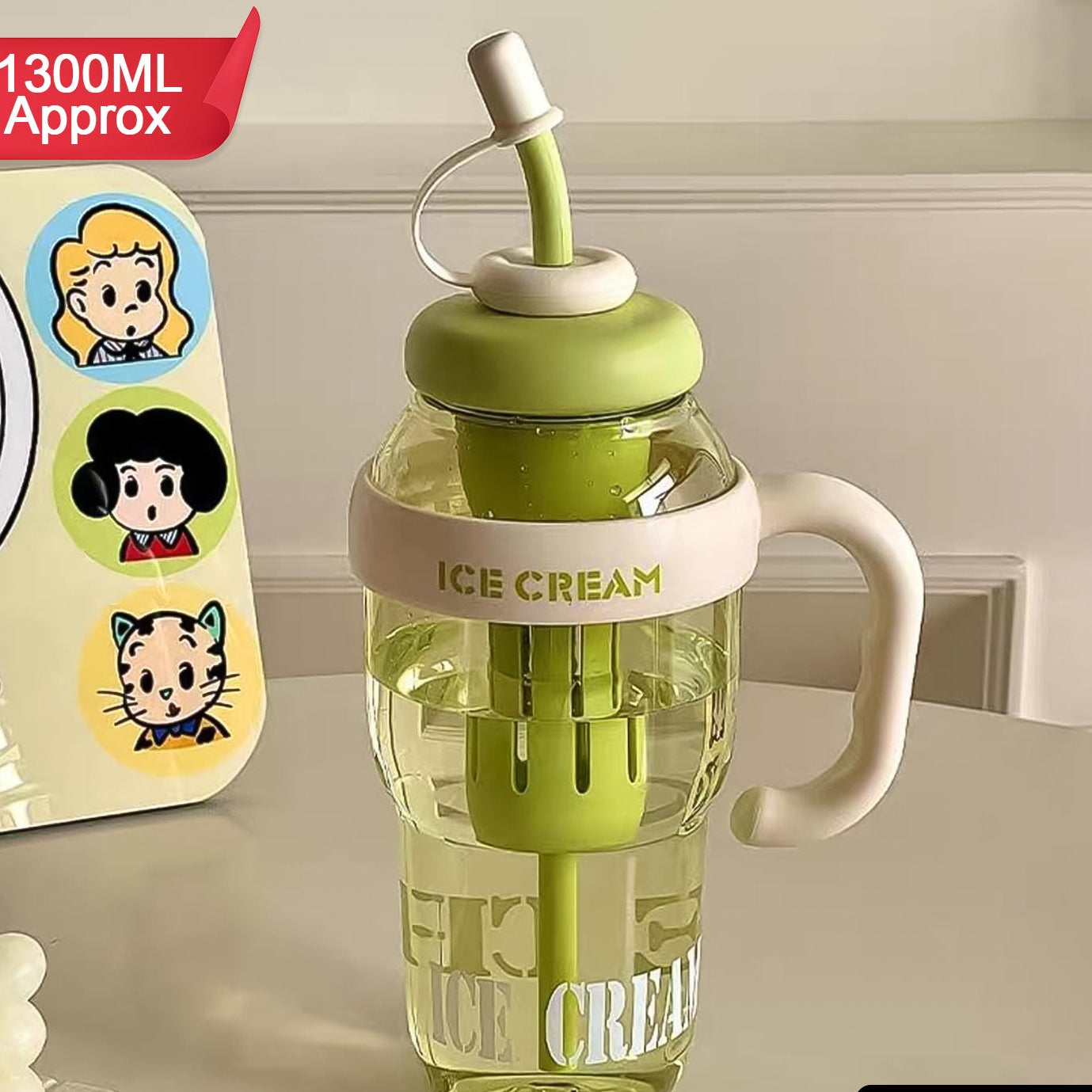 Approx 1300ml Large Capacity Cute Ice Cream Themed Water Bottle With Handle Straw  Fruit Infuser  Leakproof Sipper For Kids  Adults