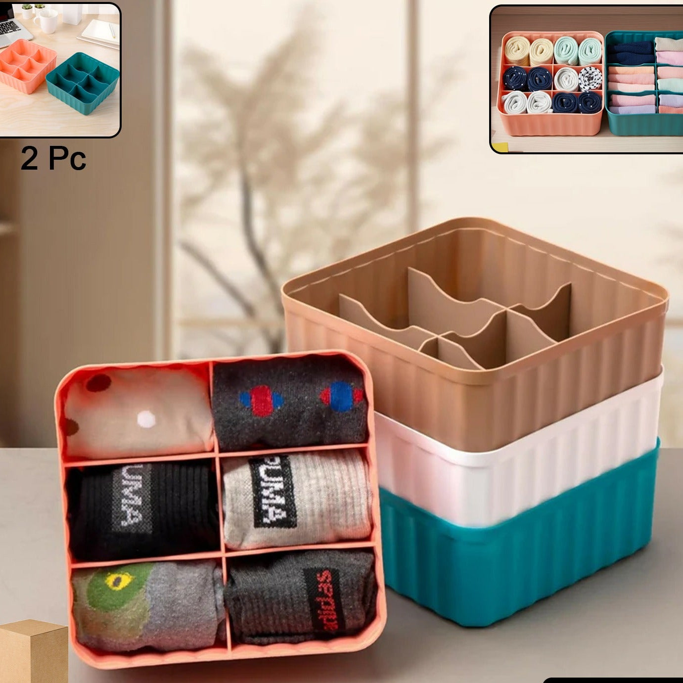 Square Organizer Box With 6 Compartments (Set Of 2)