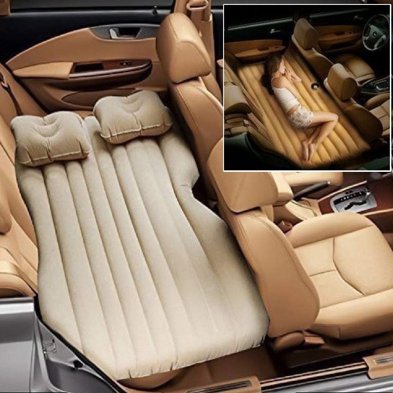 8043 Car Inflatable Bed With 2 Pillows   Air Pump (Portable) For Travel Camping Vacation  Polyester Inflatable Travel Car Bed Air Sofa With Two Inflatable Pillow And Air Pump For Car Back Seat Air Pump Random Colour