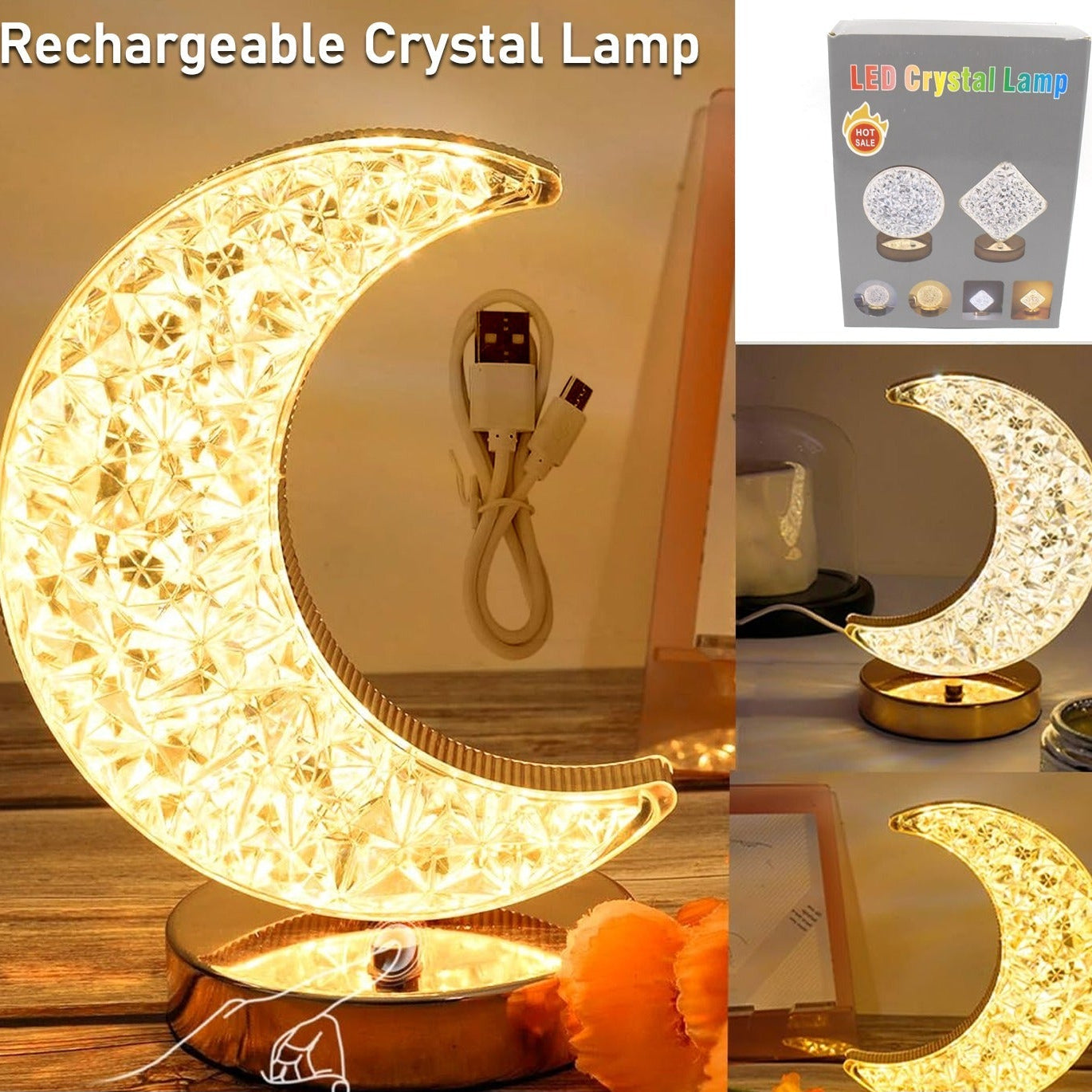 12570 Crystal Table Lamp  Moon Shape Touch Control Lamp With 3 Color  Metal Bedside Lamp For Kids Bedroom Romantic Desktop Nightstand  Stepless Dimming Usb Charging Touch Night Light