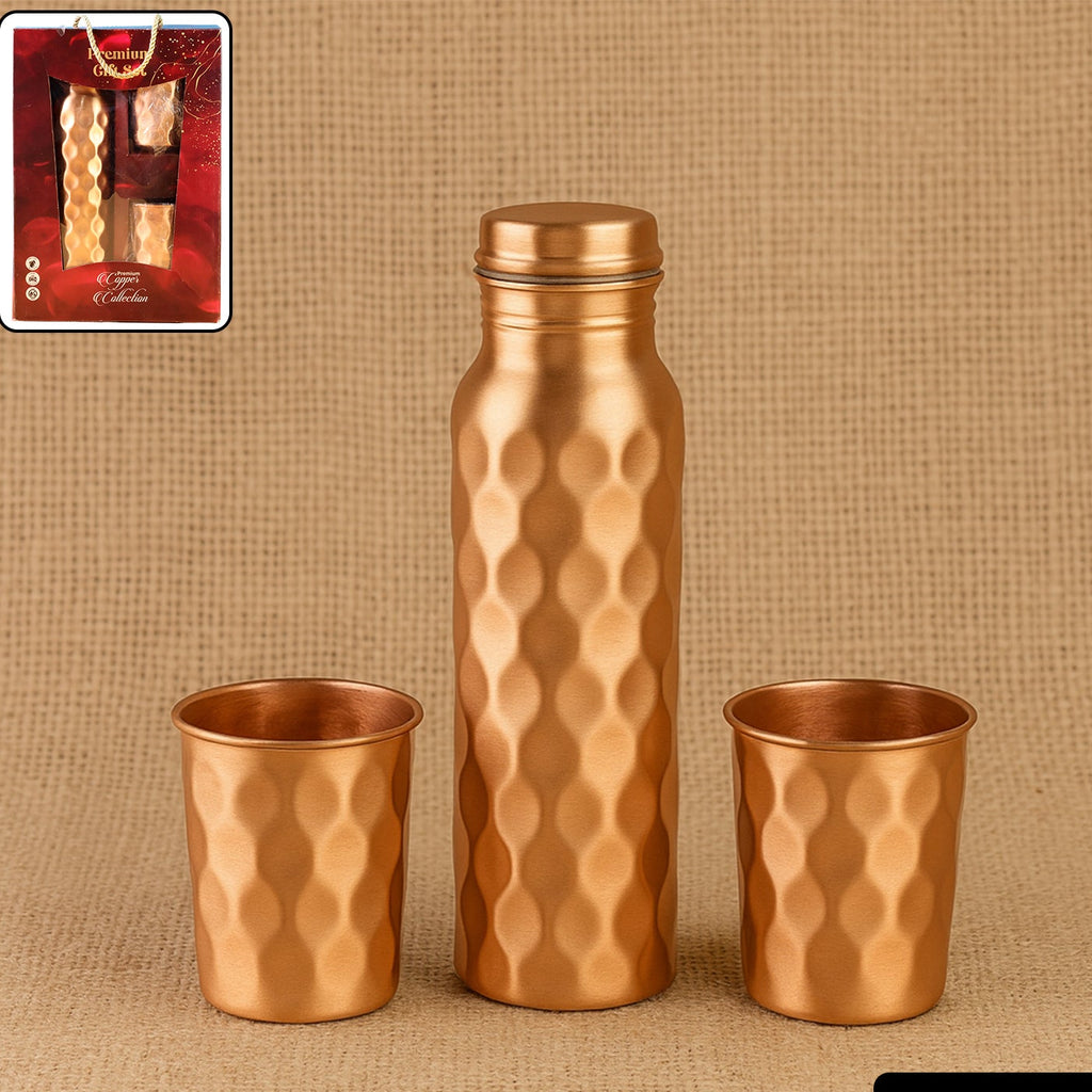 Diamond Cut Copper Water Bottle 2 Glasses With Gift Box (3 Pcs Set)