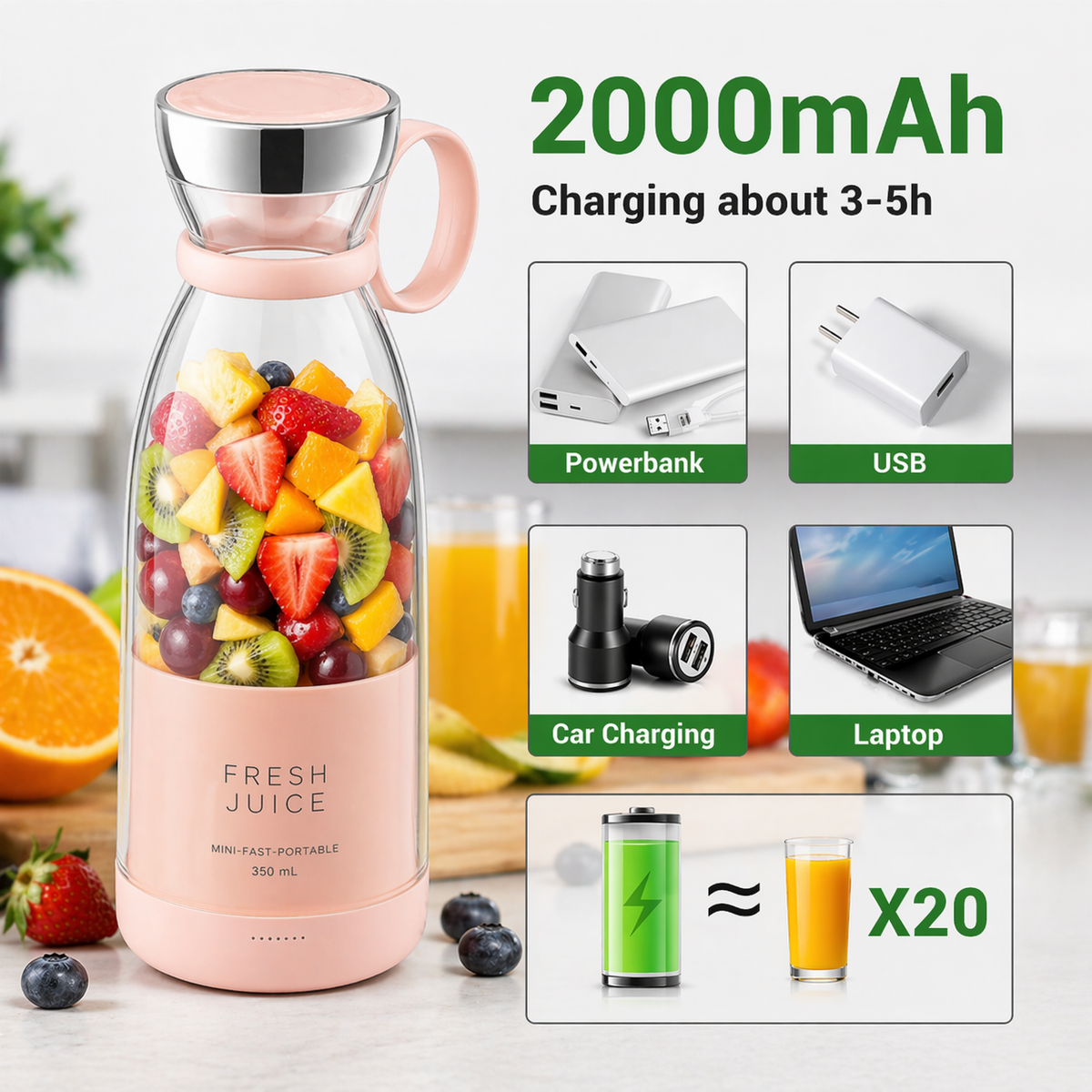 Blender Portable Juicer For Smoothie  Juice  Vegetable Shakes With 6 Blades Wireless Charging Mini Personal Size Mixer Bottle Grinder.