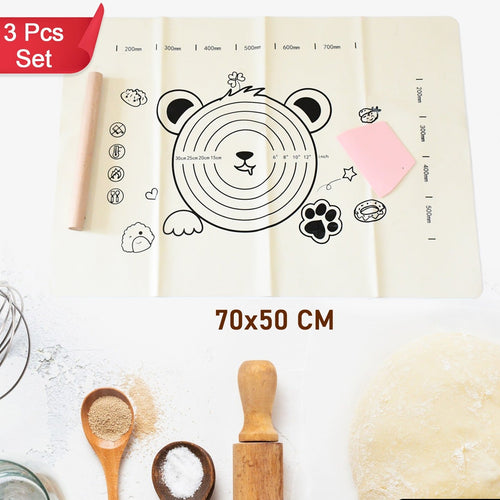 3 In 1 Low Silicone Baking Mat With Wooden Belan  Cake Scraper (3 Pcs Set  7050 Cm)
