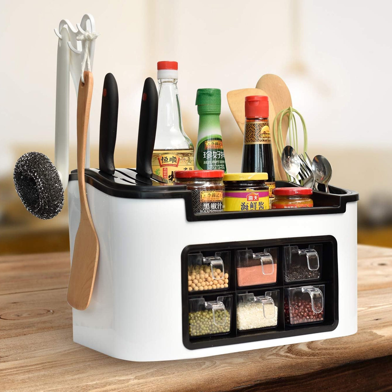 Multifunctional Kitchen Storage Organizer Rack With 6 Spice Containers Knife  Spoon Holder And Top Shelf